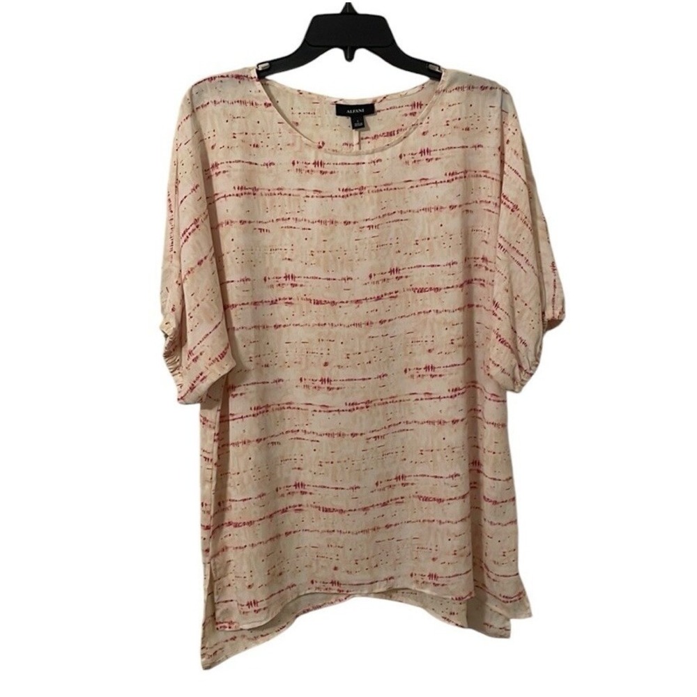Alfani Women's White/Pink Round Neck Cuffed Short Sleeve Top Size L